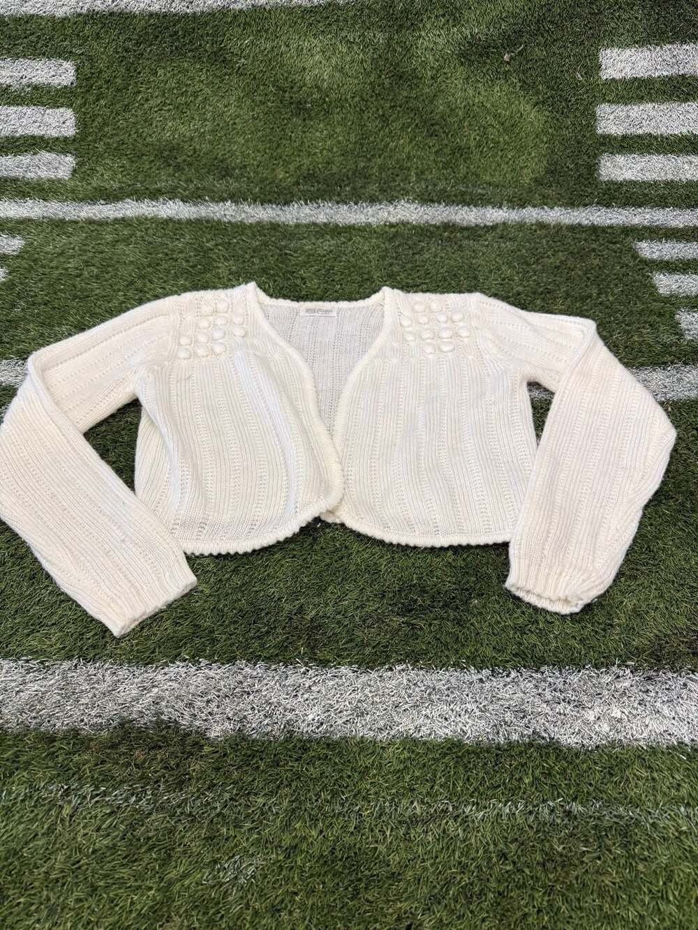 A FASHION IMPORT Vintage 60's Open Front Cardigan With Pom Pom Shoulders Ivory
